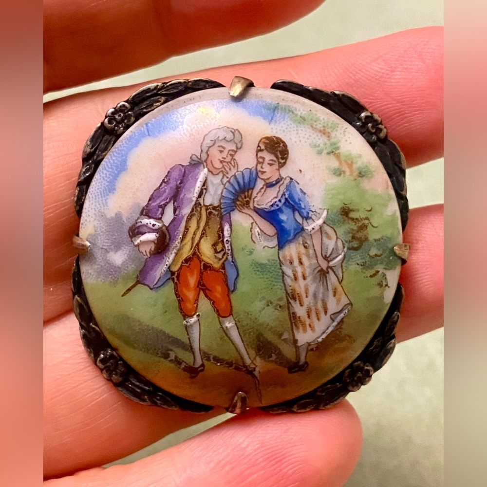 Hand-Painted Portrait Porcelain Limoges  Brooch in Pastel Colors